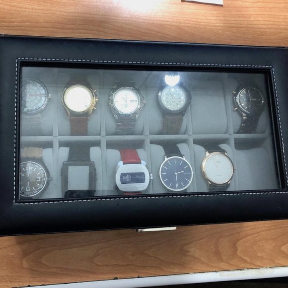 Men Women Black Gray 12 Slot 2 Layers with 1 Drawer for Rings Lockable Watch Box
